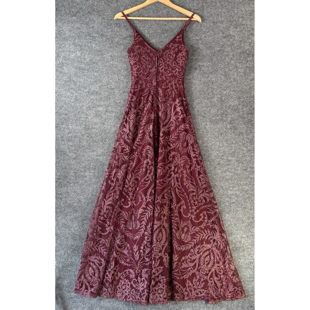 Y2K Burgundy Glitter Mesh Overlay Maxi Prom Dress Dark Feminine Glam‎ Formal 0 - Picture 5 of 11
